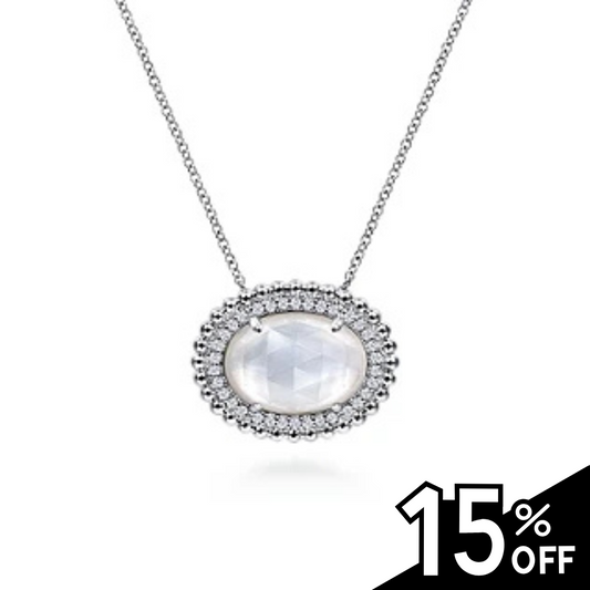 925 Sterling Silver White Sapphire and Rock Crystal and MOP Pendant Necklace