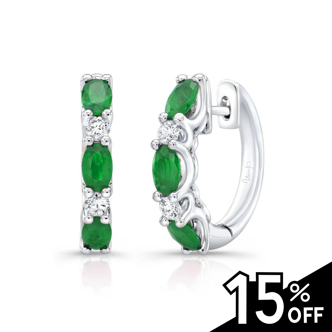 Precious Collection Oval Shaped Emerald Huggie Earrings