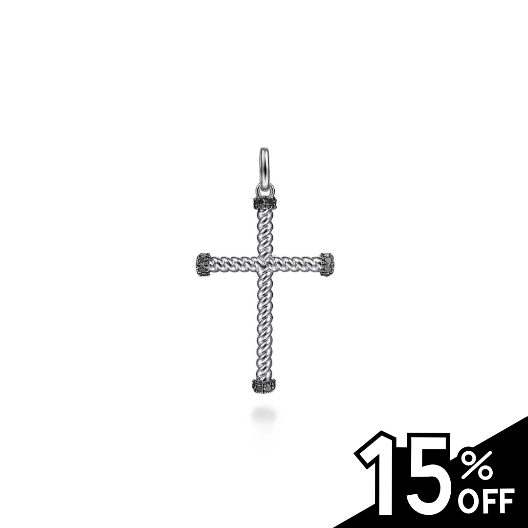 925 Sterling Silver Twisted Rope Cross Pendant with Black Spinel