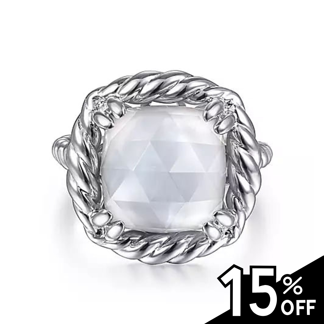 925 Sterling Silver Rope Rock Crystal and White Mother of Pearl Signet Ring