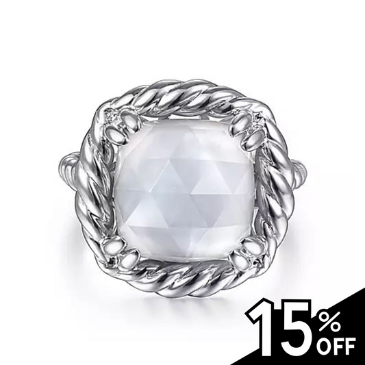 925 Sterling Silver Rope Rock Crystal and White Mother of Pearl Signet Ring