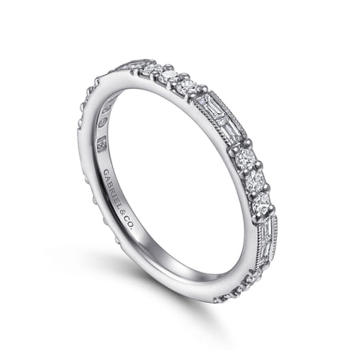 14K White Gold Baguette and Round Diamond Stackable Ring (.60 CTW)