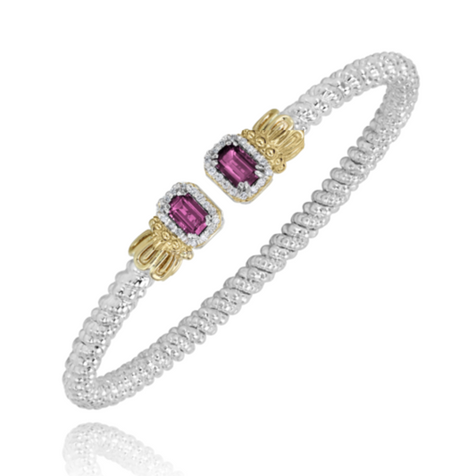 14K Yellow Gold and Sterling Silver Diamond Rhodalite Garnet Bangle Bracelet