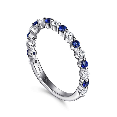 14K White Gold Single Prong Diamond and Sapphire Anniversary Band