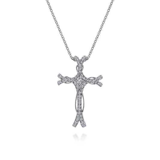 Gabriel & Co | 18" 14K White Gold Twisted Diamond Cross Pendant Necklace