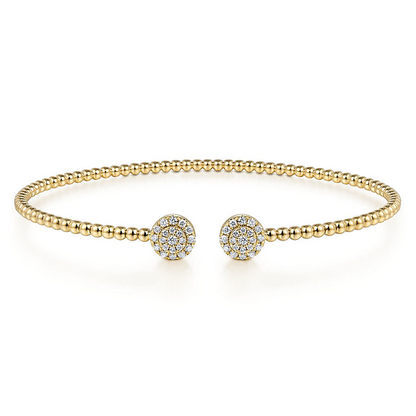 14K Yellow Gold Bujukan Bead Split Cuff Bracelet with Round Pave Diamond Discs