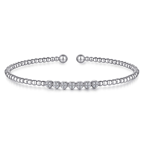 14K White Gold Bujukan Bead and Cluster Diamond Bangle