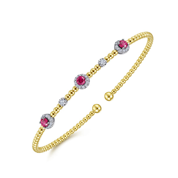 14K White-Yellow Gold Bujukan Bead Cuff Bracelet with Ruby and Diamond Halo Stations