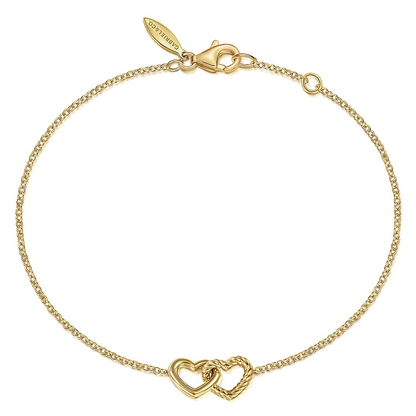 14K Yellow Gold Rope Entwined Hearts Chain Bracelet