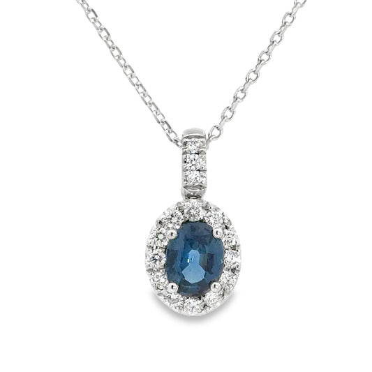 Diamond Halo and Sapphire Oval Shaped Pendant Necklace
