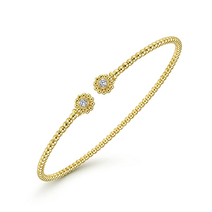 14K Yellow Gold Bujukan Split Cuff Bracelet with Diamond Flower Caps