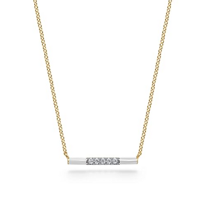 Enamel - 14K Yellow Gold Diamond Bar Necklace with White Enamel