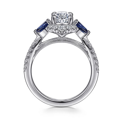 June - 14K White Gold Fancy Three Stone Halo Sapphire and Diamond Engagement Ring