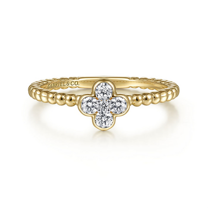 14K Yellow Gold Diamond Cluster Clover and Bujukan Bead Ring