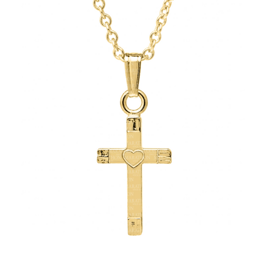 14K Yellow Gold Filled Children's Heart Engraved Cross Necklace