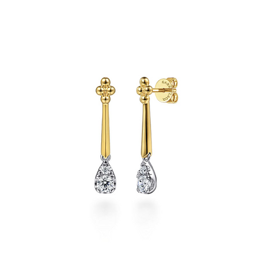 14K White and Yellow Gold Bujukan and Diamond Teardrop Stud Drop Earrings
