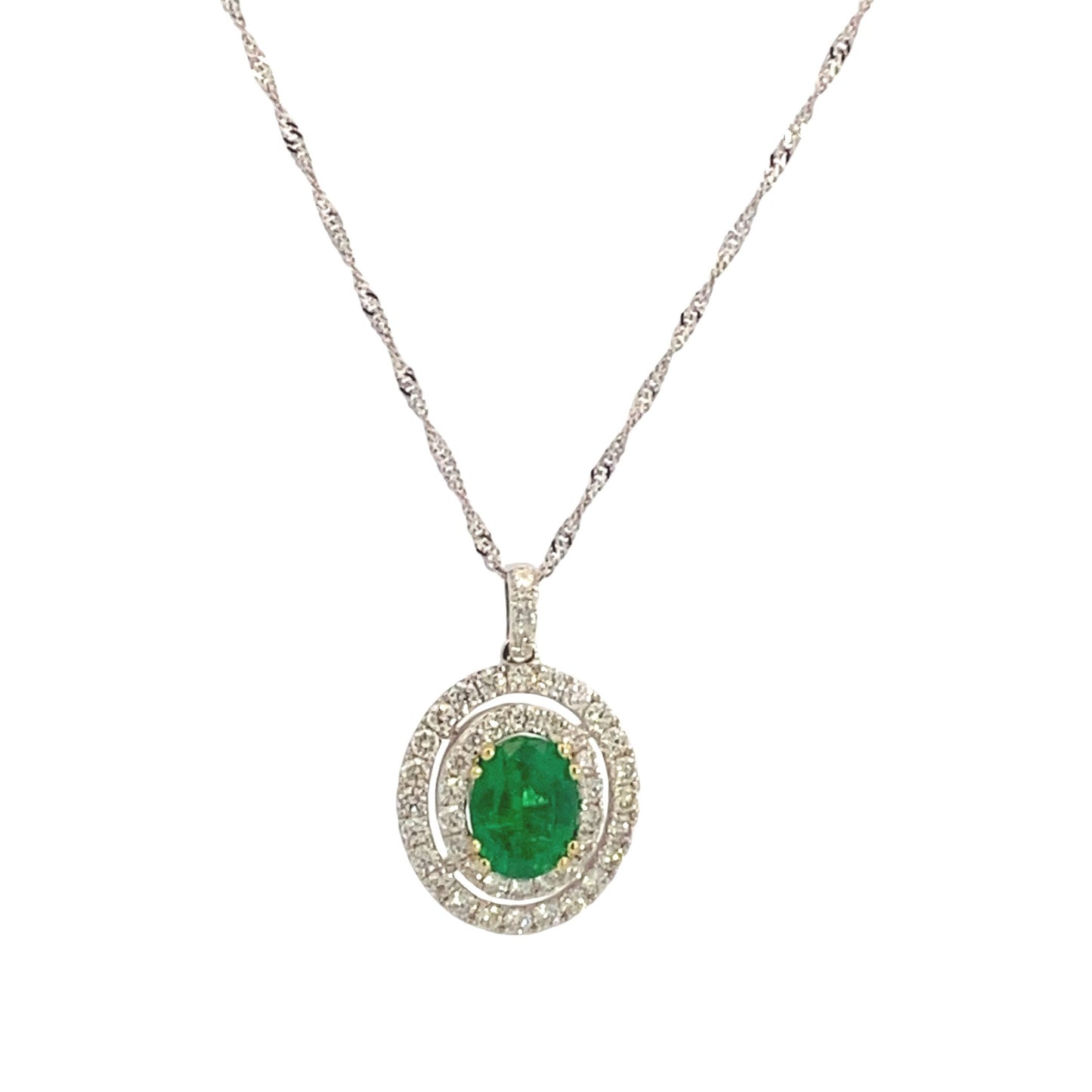 Stern International | 14K White Gold Diamond and Emerald Pendant Necklace