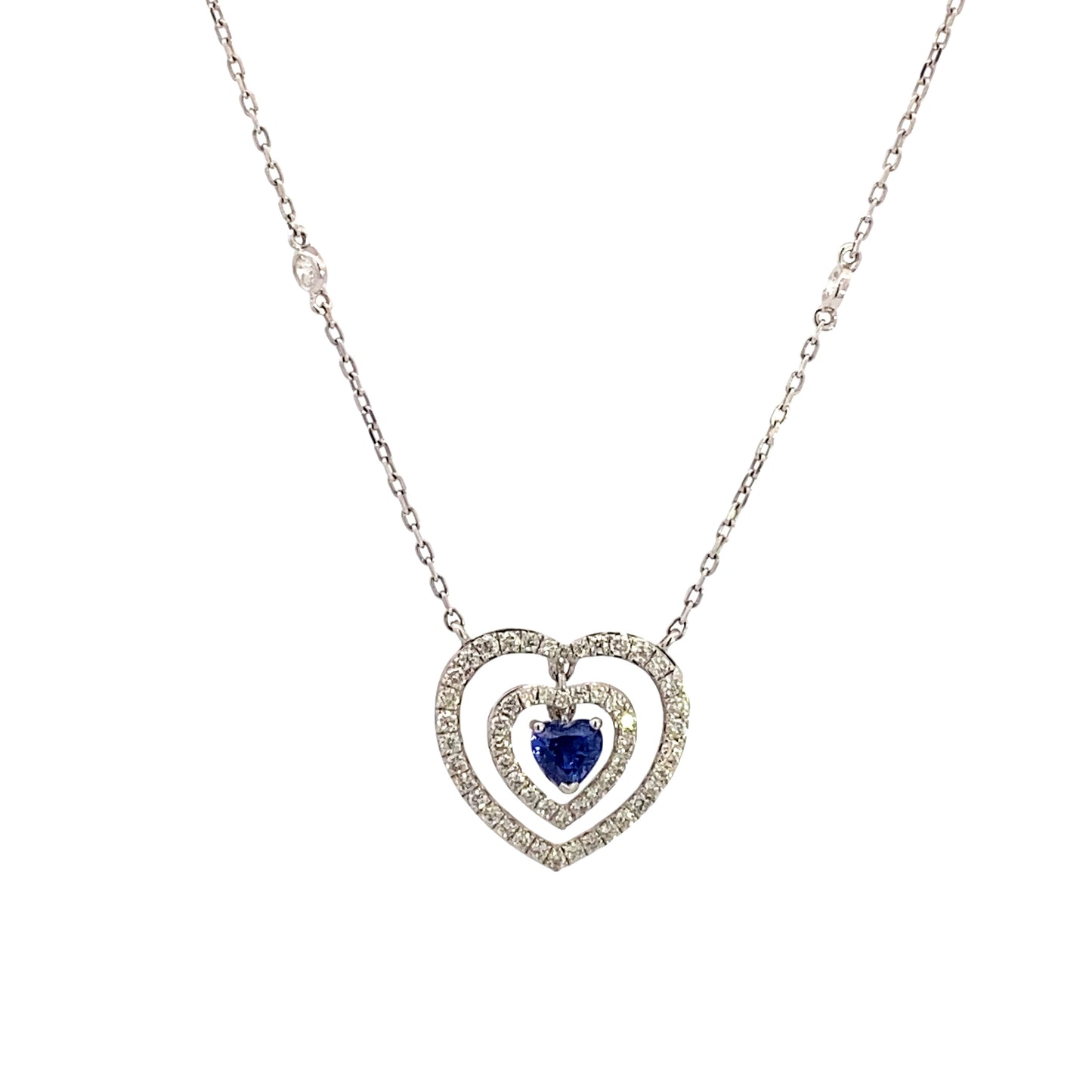 14K White Gold Diamond and Sapphire Heart Necklace