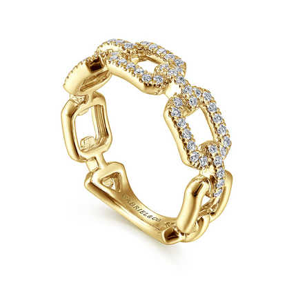 14K Yellow Gold Pave Diamond Chain Link Stackable Ring Band