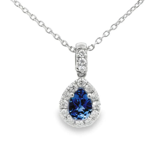 Diamond Pear Halo and Sapphire Pendant Necklace