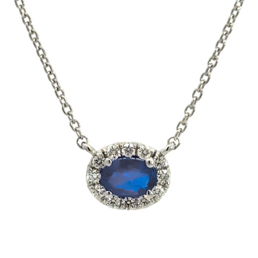 Diamond Halo and Sapphire Pendant Necklace