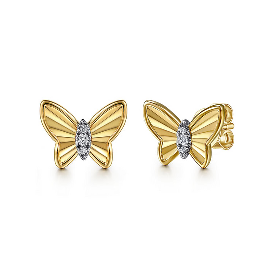 14K Yellow Gold Diamond Butterfly Stud Earrings