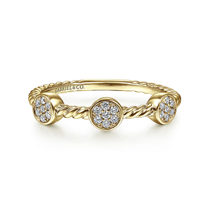 14K Yellow Gold Twisted Rope Cluster Diamond Station Stackable Ring