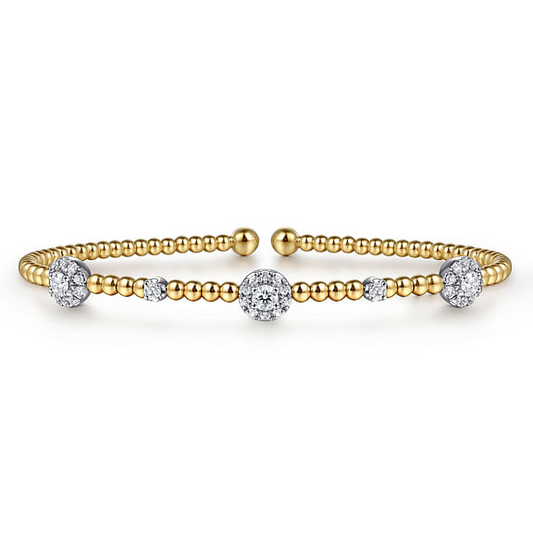 14K White-Yellow Gold Bujukan Bead Cuff Bracelet with Diamond Cluster Stations