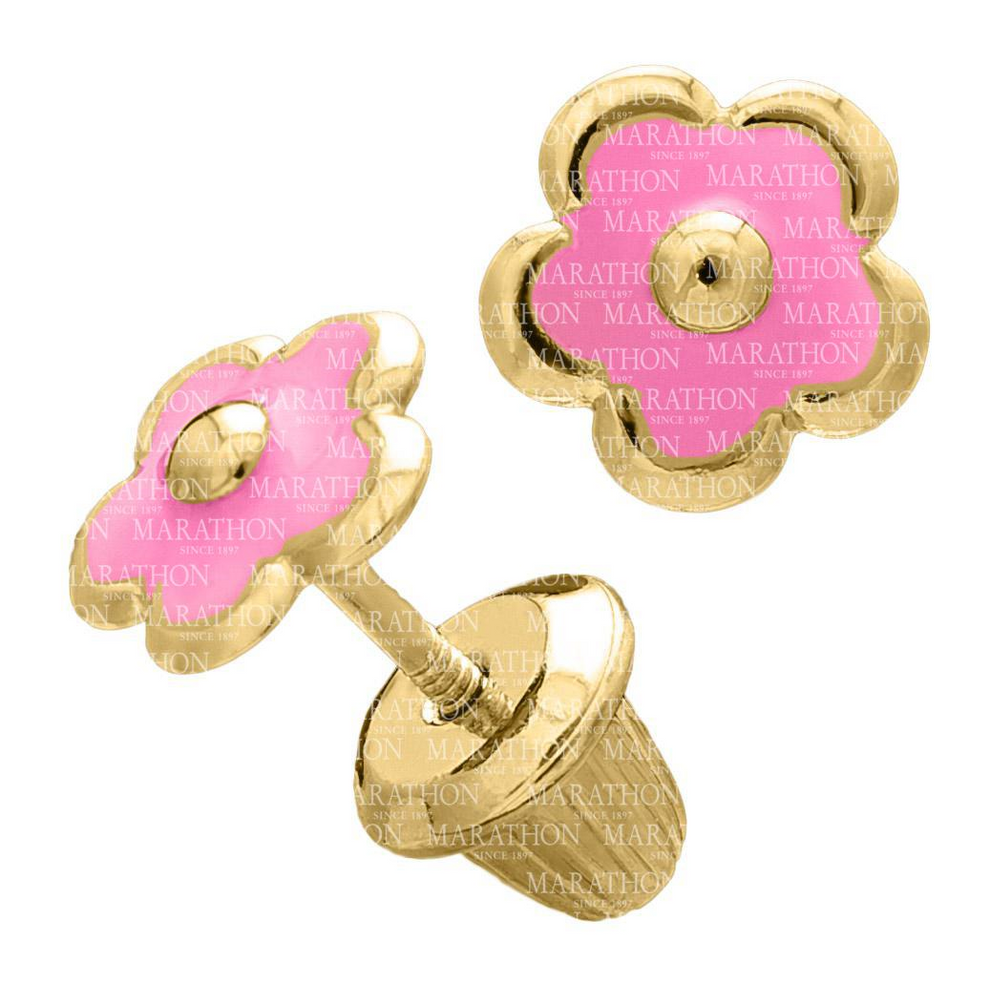 14K Yellow Gold and Pink Enamel Flower Earrings