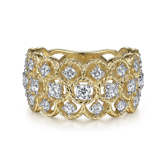 Wide 14K Yellow Gold Twisted Rope Diamond Wide Band Ring