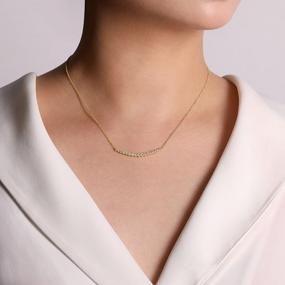 14K Yellow Gold Curved Bar Necklace with Bezel Set Round Diamonds