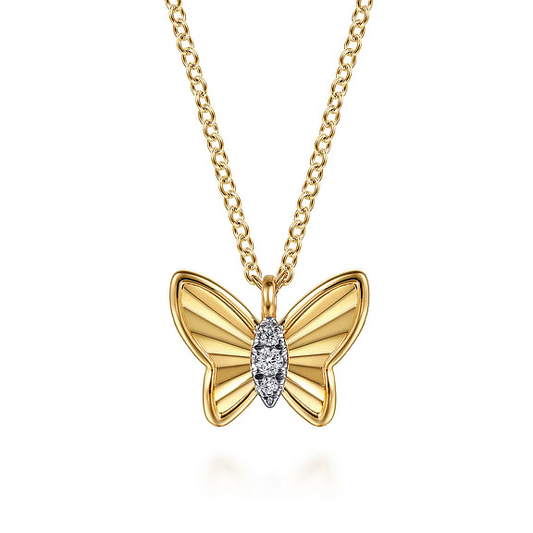 14K Yellow Gold Butterfly Necklace With Diamond Cut Finish And Graduating Diamonds