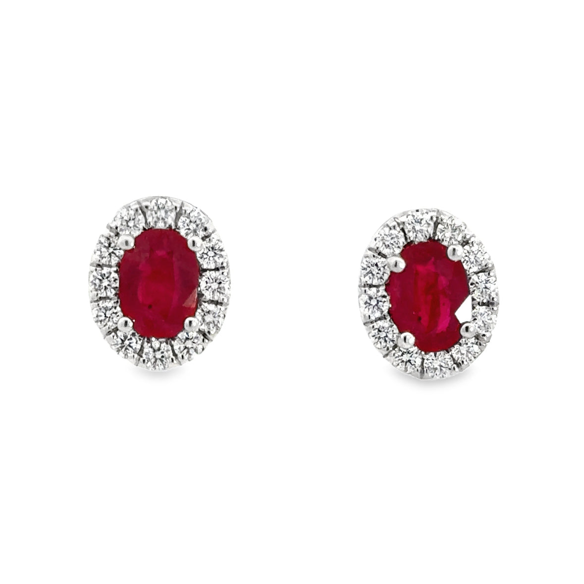 Diamond Halo and Ruby Oval Shaped Stud Earrings