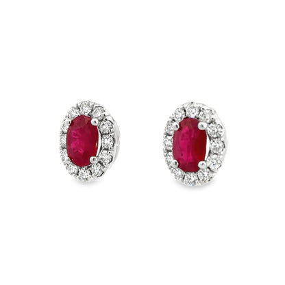 Diamond Halo and Ruby Oval Shaped Stud Earrings