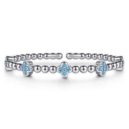 925 Sterling Silver Blue Topaz Clover Bujukan Split Bangle Bracelet (1.81 CTW)