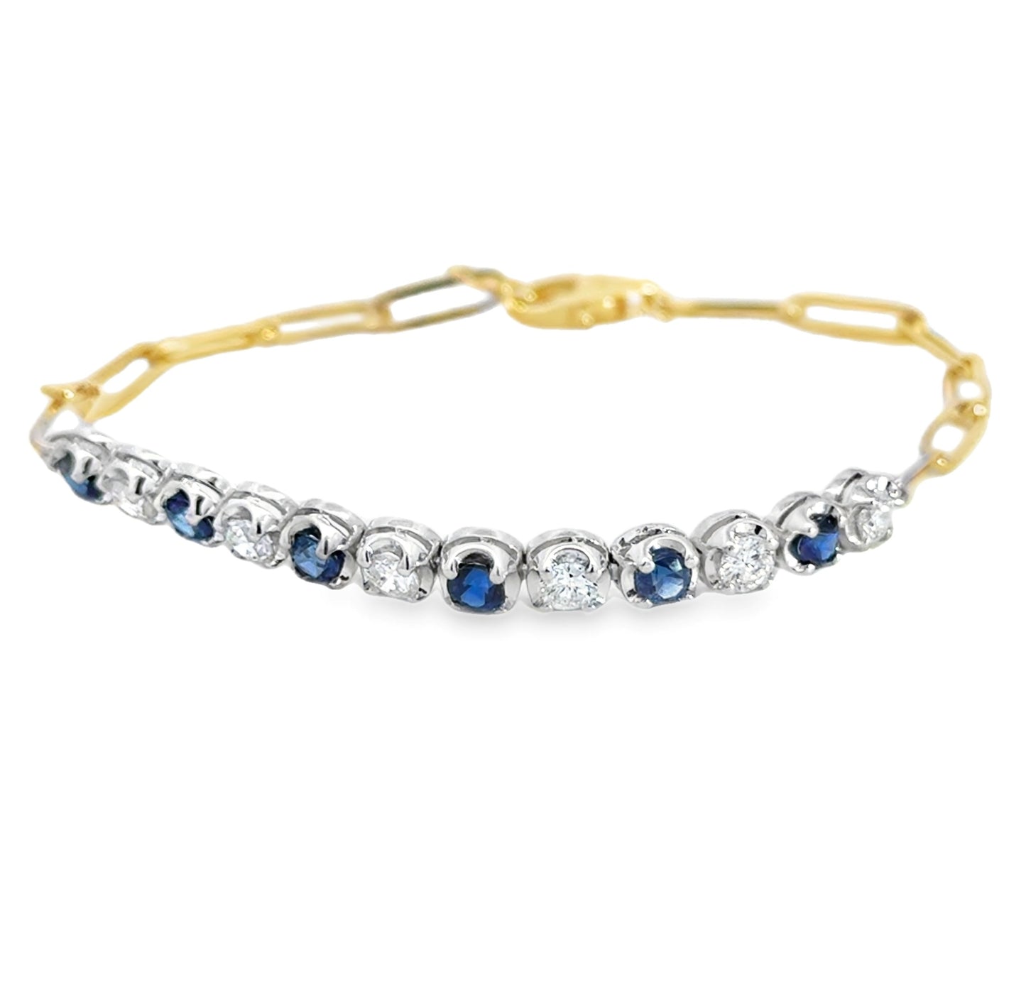 14K White and Yellow Gold Diamond and Sapphire Paperclip Bracelet