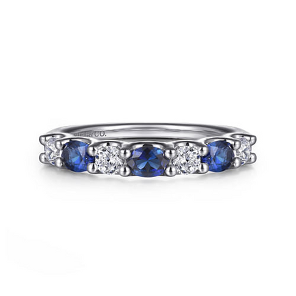 14K White Gold Diamond and Oval Sapphire Band Ring