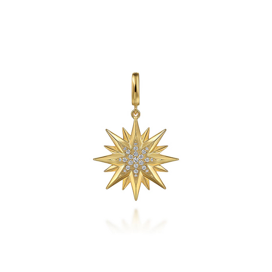 14K Yellow Gold Diamond Starburst Medallion Pendant in Size 24mm