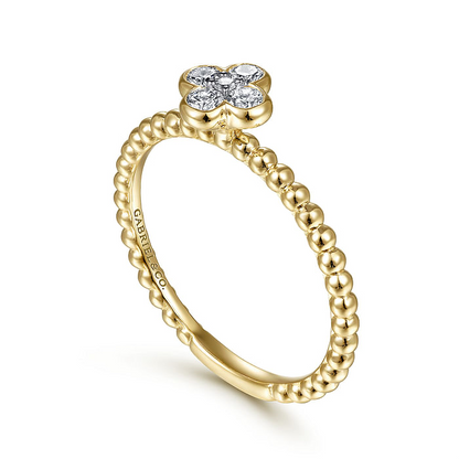 14K Yellow Gold Diamond Cluster Clover and Bujukan Bead Ring