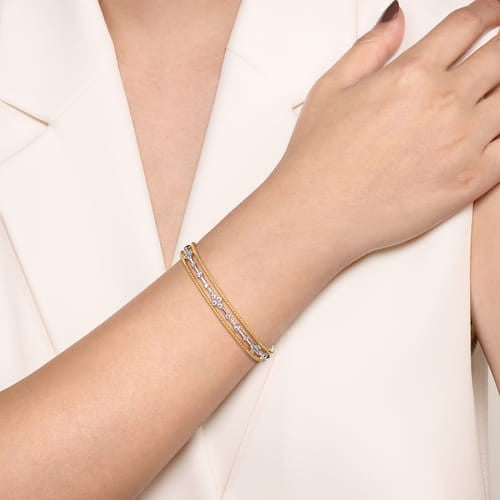 14K White and Yellow Gold Bujukan Beaded Diamond Cuff Bangle Bracelet (.39 CTW)