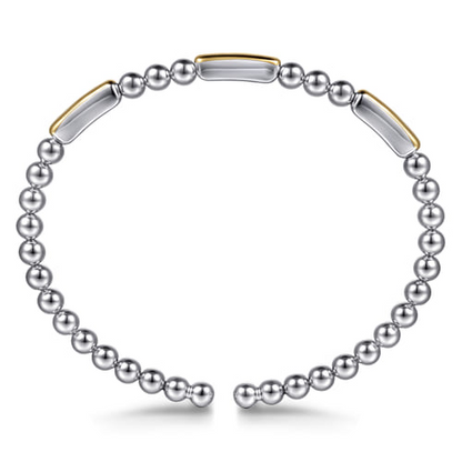 14K Yellow Gold and Sterling Silver Three Station Bar Bujukan Bangle Bracelet