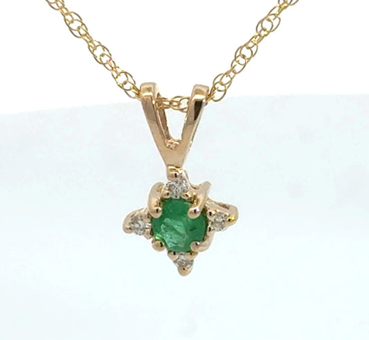 14K Yellow Gold Emerald and Diamond Pendant