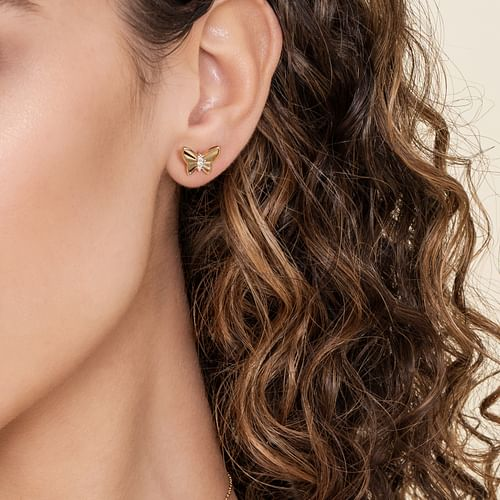 14K Yellow Gold Diamond Butterfly Stud Earrings