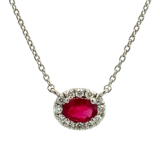 Diamond Halo and Ruby Pendant Necklace