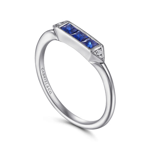 14K White Gold Diamond and Trio Princess Cut Sapphire Ladies Ring