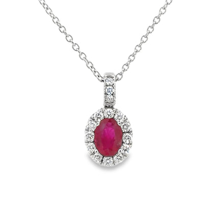 Diamond Halo and Ruby Pear Shaped Pendant Necklace