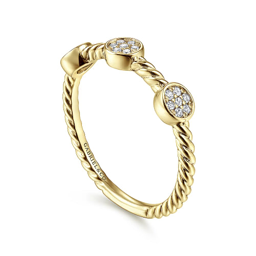 Gabriel & Co | 14K Yellow Gold Twisted Rope Cluster Diamond Station Stackable Ring