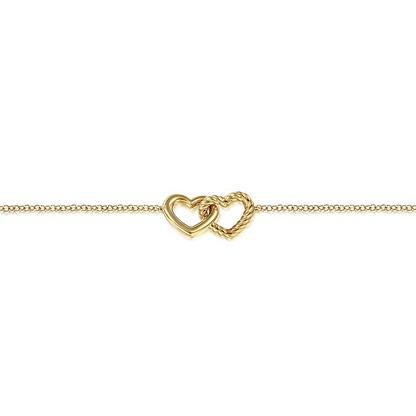 14K Yellow Gold Rope Entwined Hearts Chain Bracelet