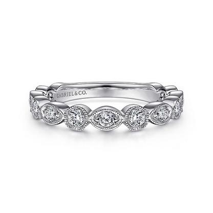 Vintage Inspired 14K White Gold Marquise and Round Station Diamond Anniversary Band