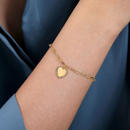 14K Yellow Plain Gold Paperclip Bracelet with Personalizable Bujukan Heart Charm